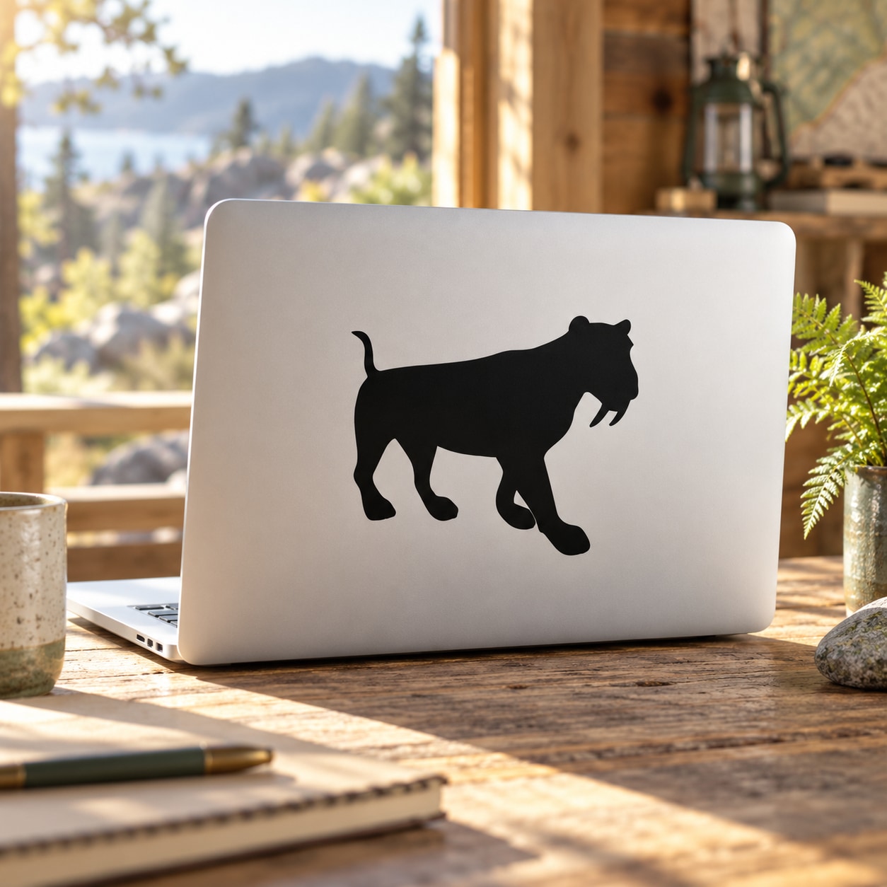 Black saber-tooth tiger silhouette decal on a light surface