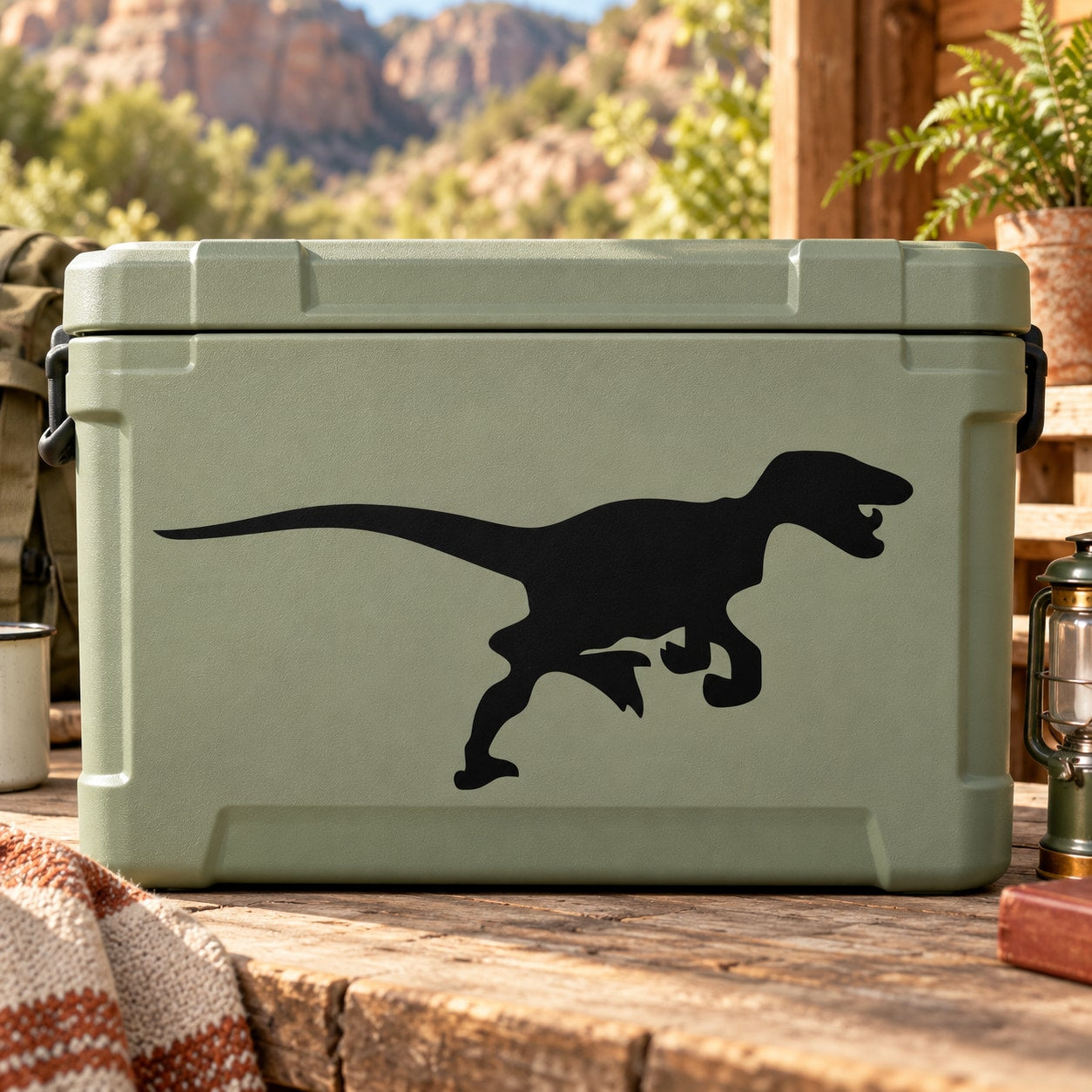 Charging dinosaur decal with black silhouette on pale green background