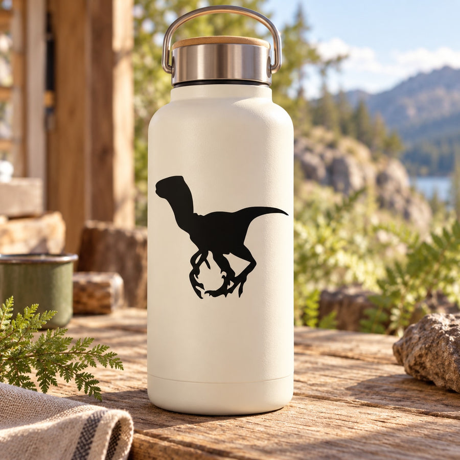 Deinonychus decal silhouette on a white insulated water bottle