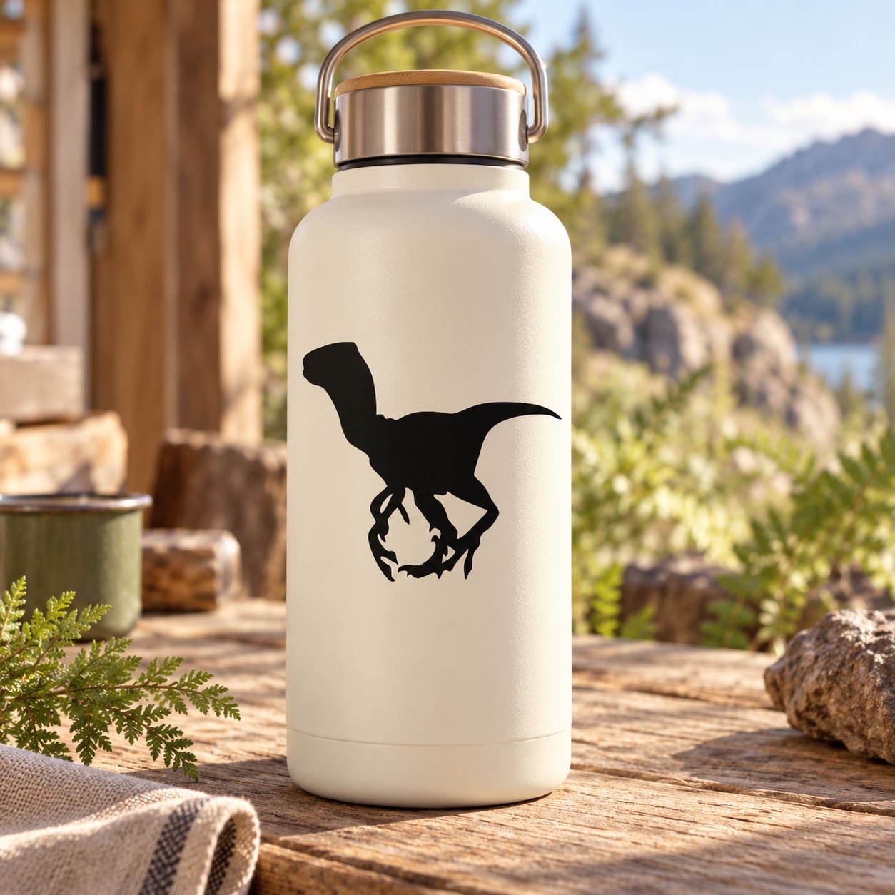 Deinonychus decal silhouette on a white insulated water bottle