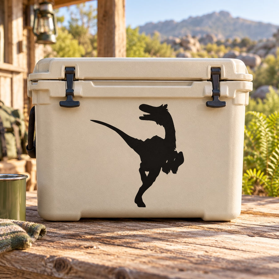Velociraptor silhouette decal on light cooler