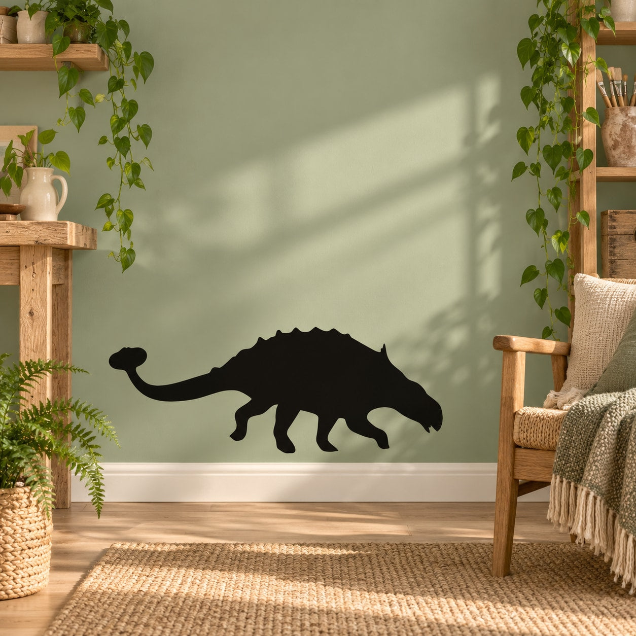Ankylosaurus wall decal, black silhouette of the dinosaur with armored plates