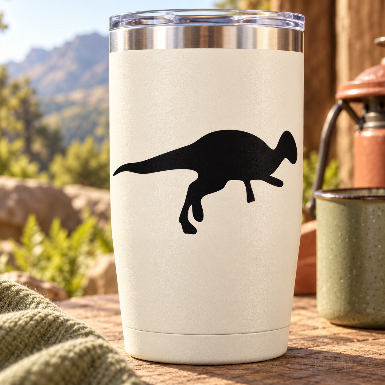 White travel tumbler with black hadrosaurus silhouette decal