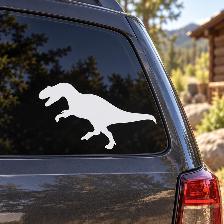Albertosaurus dinosaur window decal, white silhouette on dark glass