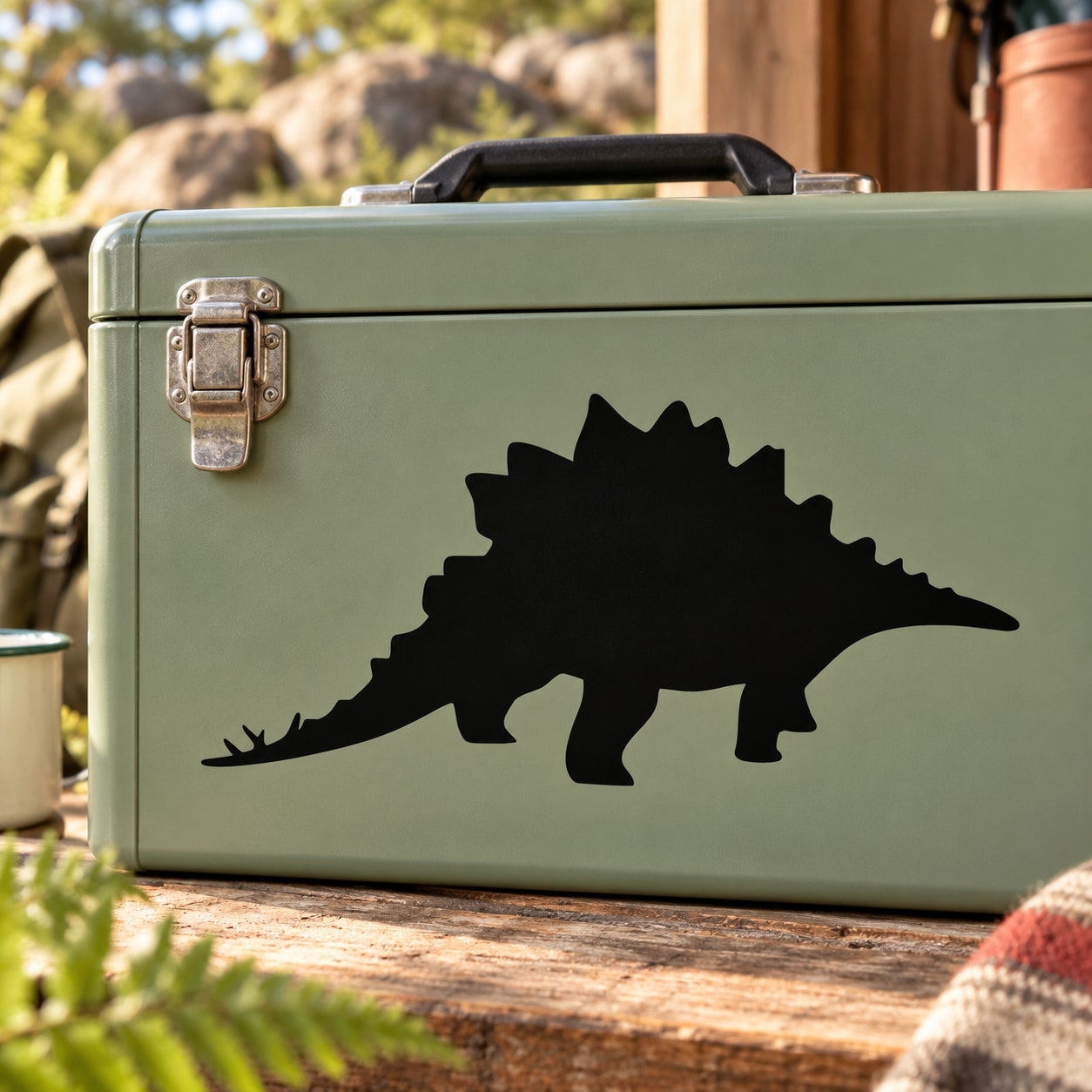 Stegosaurus dinosaur decal, black silhouette on a light green surface