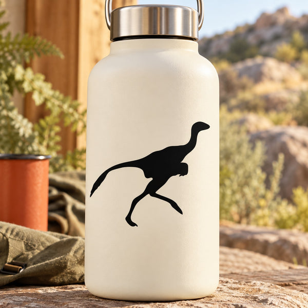 White bottle with black running dinosaur decal