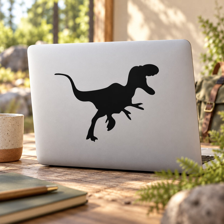 Young Tyrannosaurus Rex decal with black dinosaur silhouette on a rectangular backing