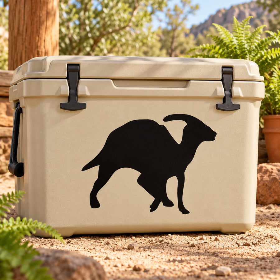 Parasaurolophus decal with black dinosaur silhouette on beige cooler