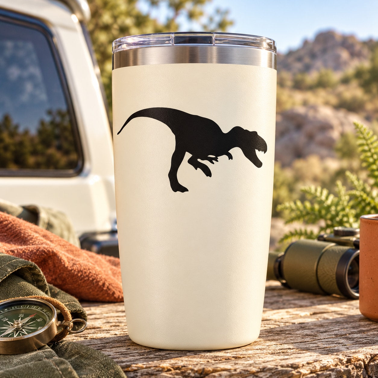 White travel tumbler with black chasing T. rex decal
