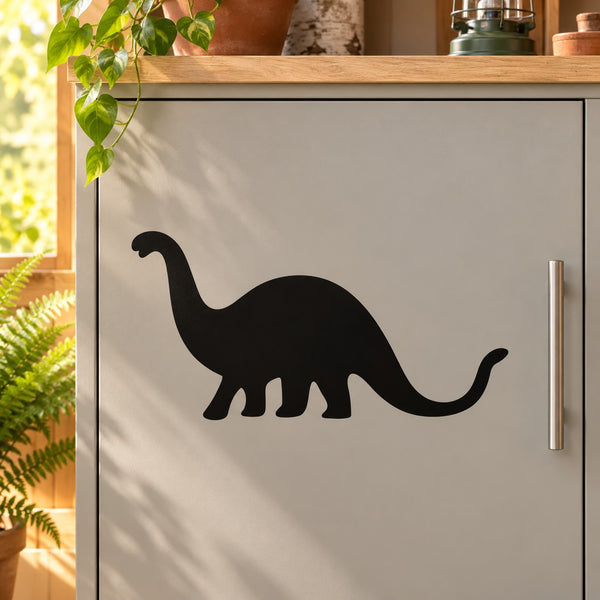 Black brontosaurus decal silhouette on a light background door panel