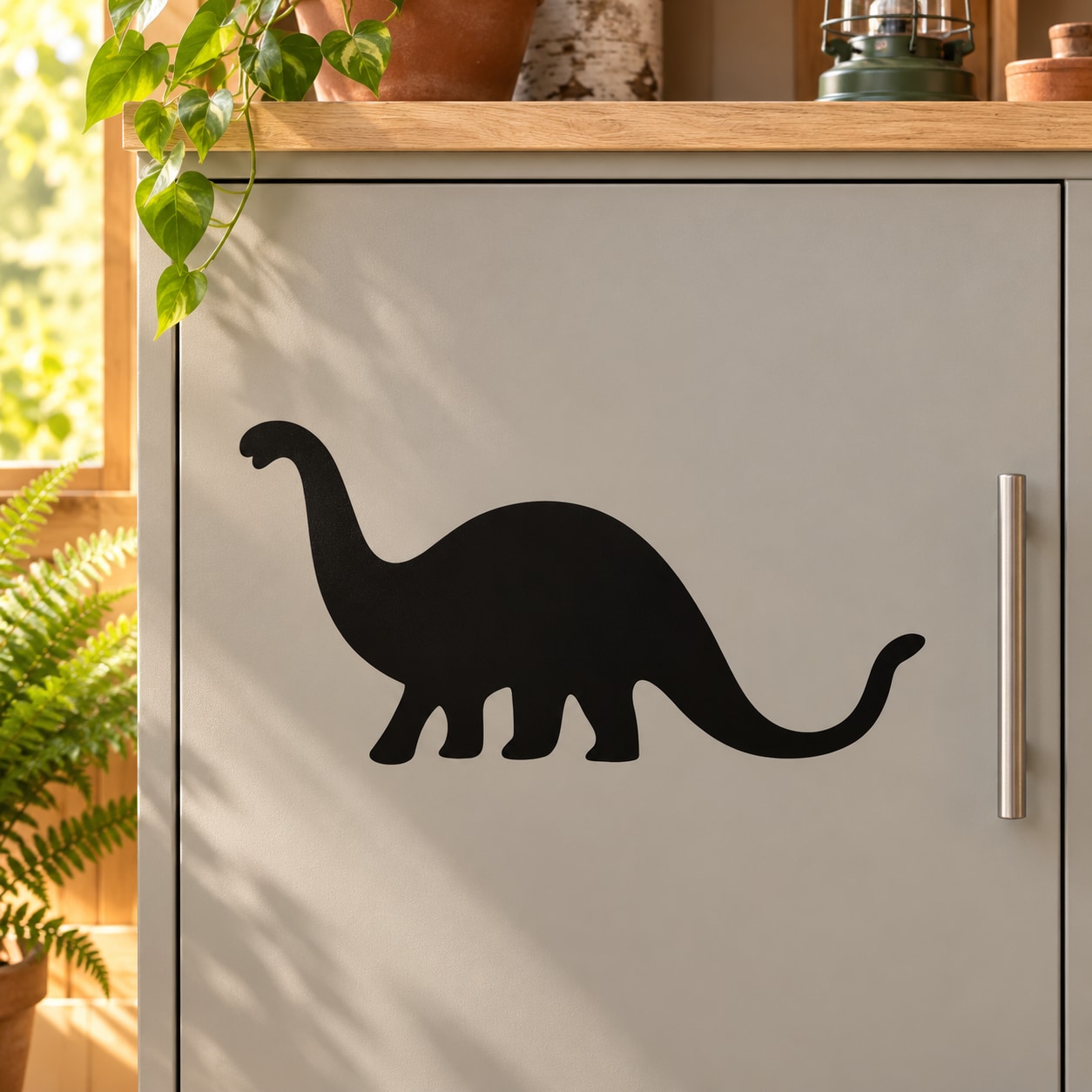Black brontosaurus decal silhouette on a light background door panel