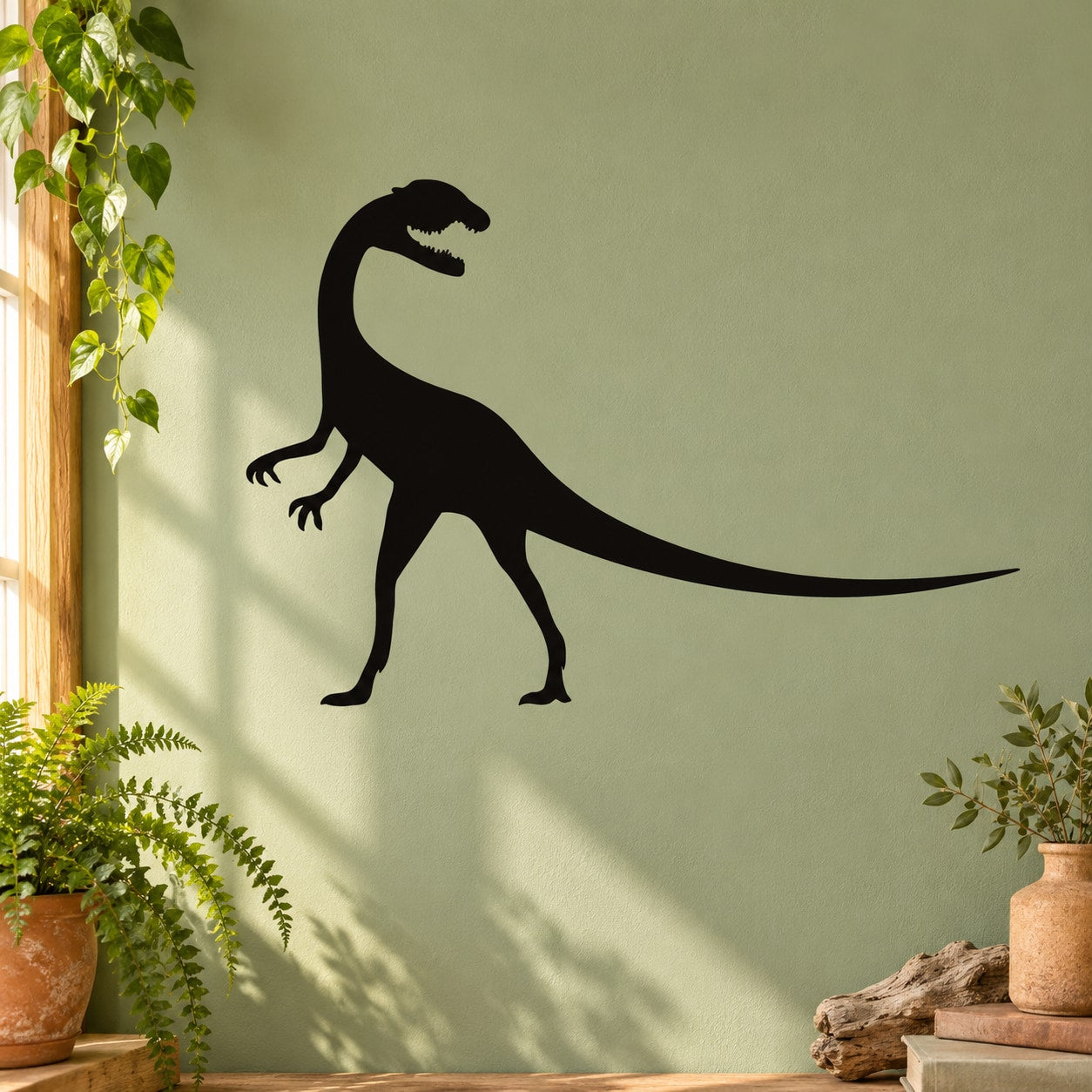 Roaring Dilophosaurus wall decal silhouette with open mouth and fan crest, black