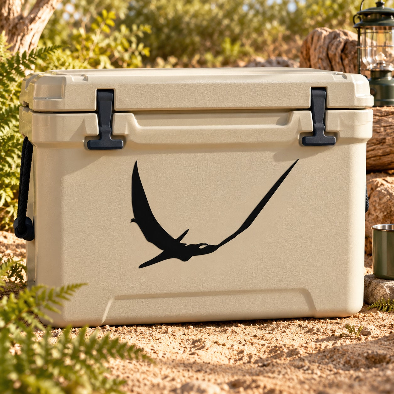 Swooping pteranodon decal sticker in black on a light tan cooler