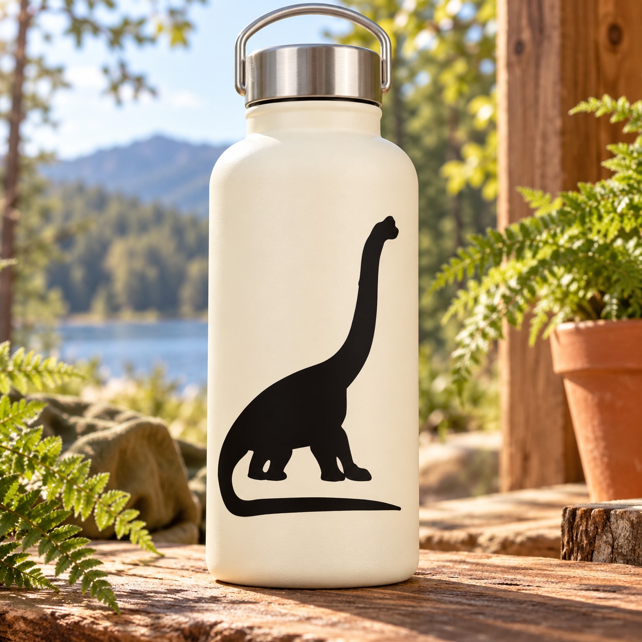 Cream water bottle with black brachiosaurus dinosaur decal