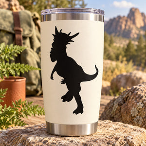 Stygimoloch decal on white tumbler: black dinosaur silhouette facing left, full body.