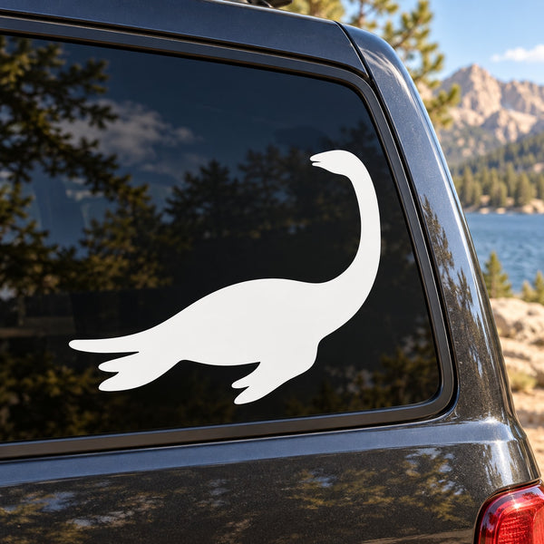 Plesiosaurus decal with white dinosaur silhouette on dark window