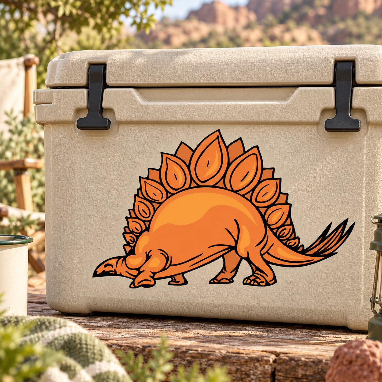 Orange and black Stegosaurus sticker with spiky back and curled tail