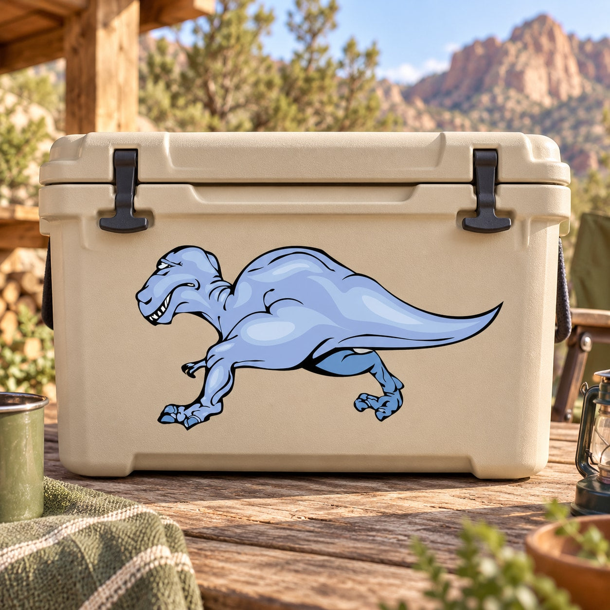 Blue T-rex hunting sticker on beige cooler