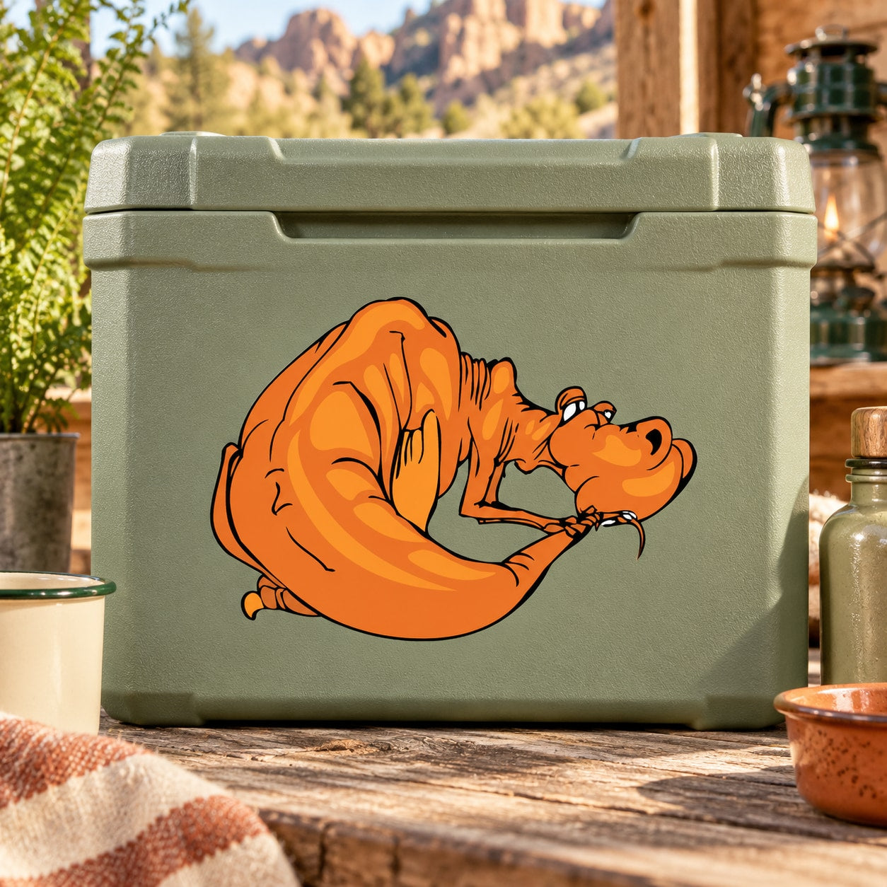 Hiding dinosaur printed decal with orange T-rex peeking from behind, on light green