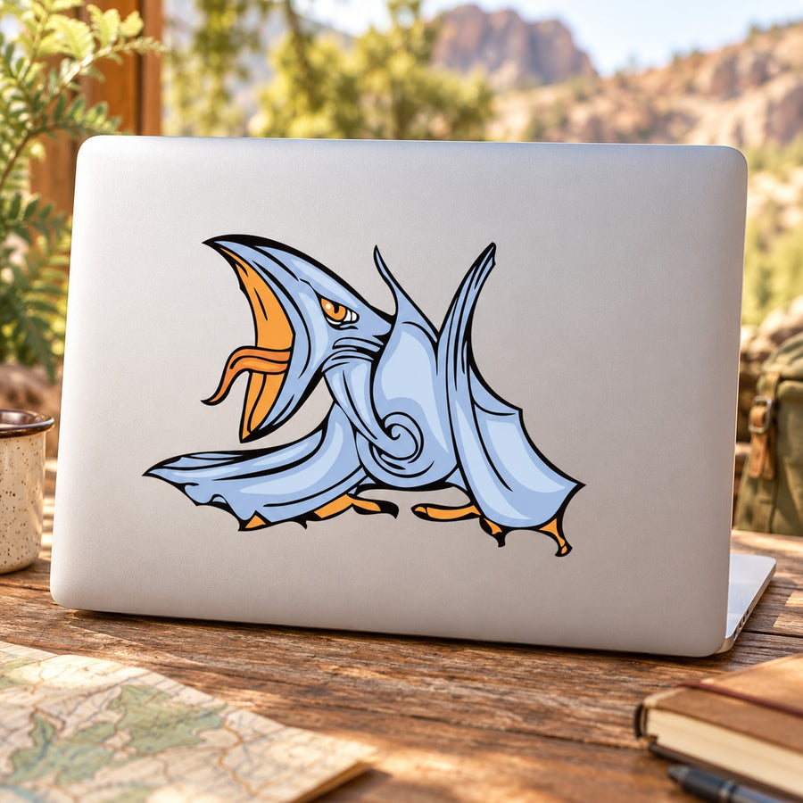 Blue pterodactyl cartoon decal sticker on white background