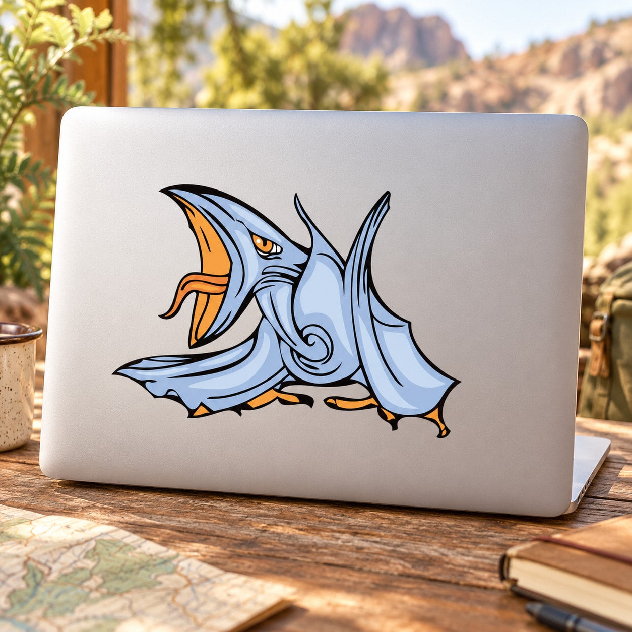 Blue pterodactyl cartoon decal sticker on white background