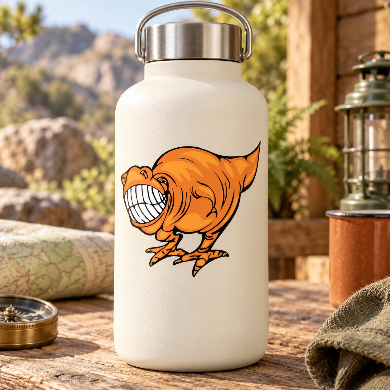 Orange grinning tyrannosaurus sticker with roaring teeth and mesh mouth design