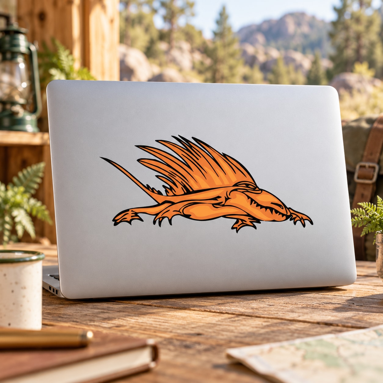 Orange spiny dinosaur decal sticker on a light laptop lid