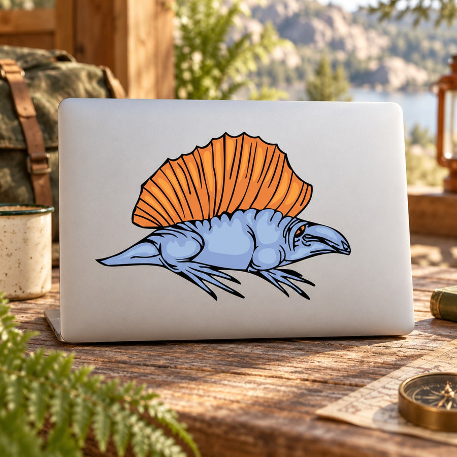Dimetrodon sticker with blue reptile and orange sail on light background, rectangular