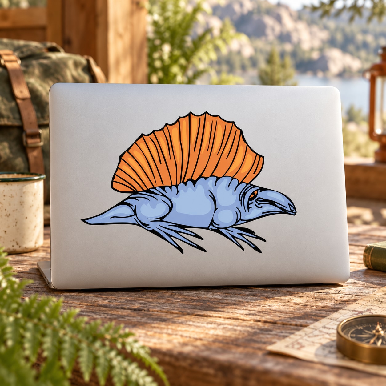 Dimetrodon sticker with blue reptile and orange sail on light background, rectangular