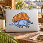 Dimetrodon sticker with blue reptile and orange sail on light background, rectangular