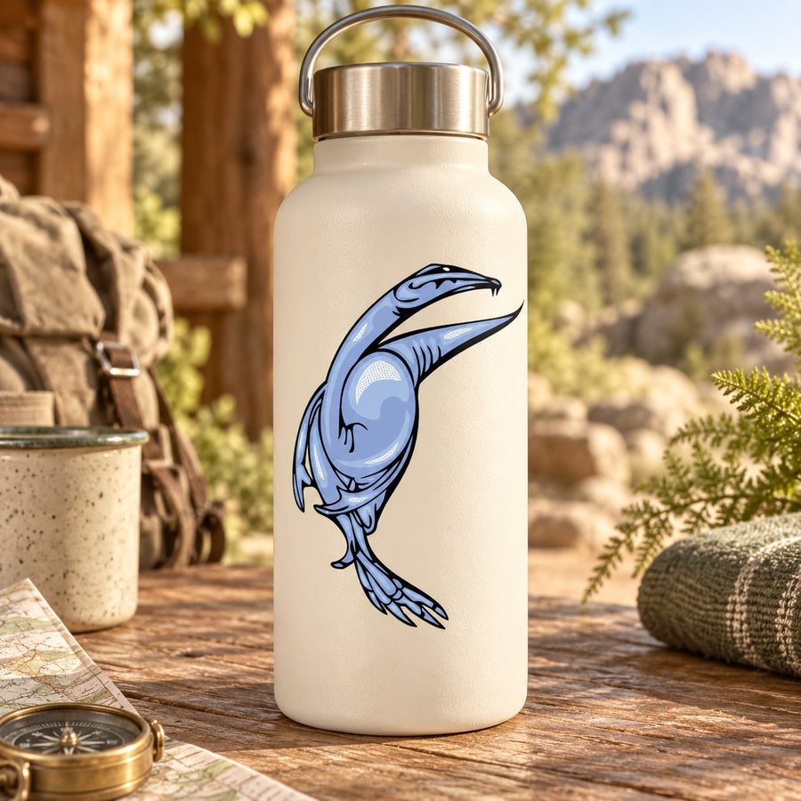 Dinosaur sticker on cream water bottle with stainless steel lid
