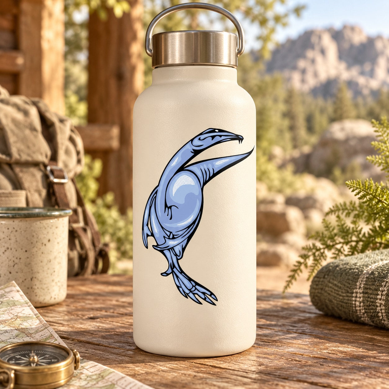 Dinosaur sticker on cream water bottle with stainless steel lid
