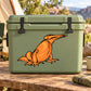 Beaked dinosaur sticker with orange cartoon dinosaur on green cooler