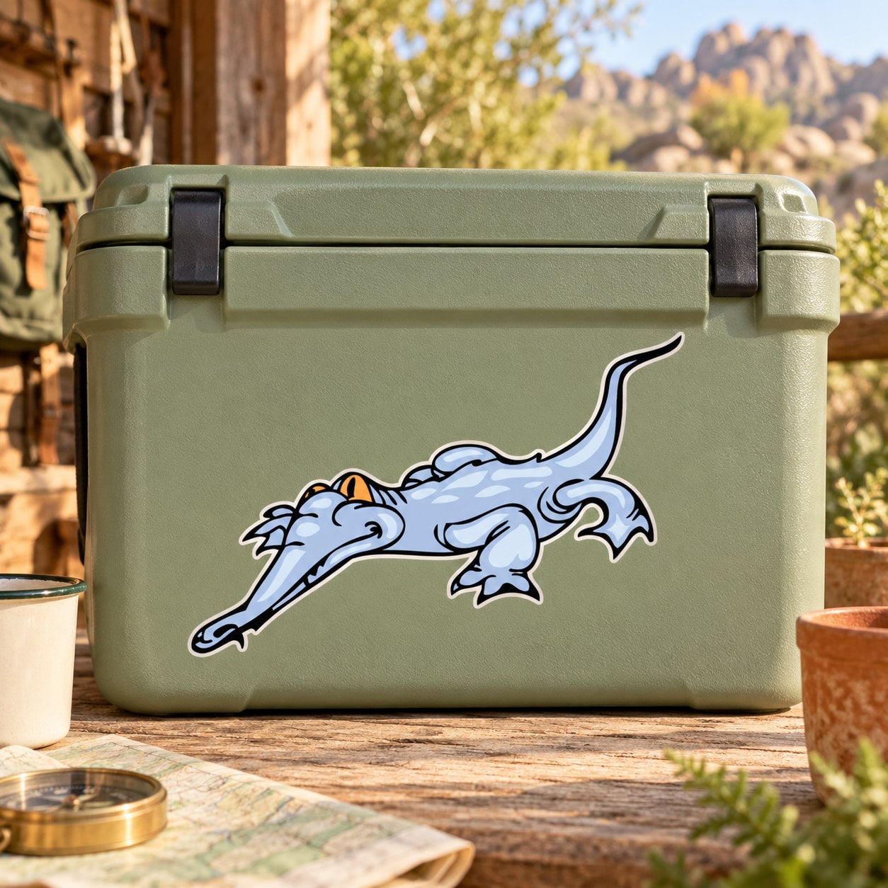 Long-snouted blue dinosaur sticker on light green rectangular case