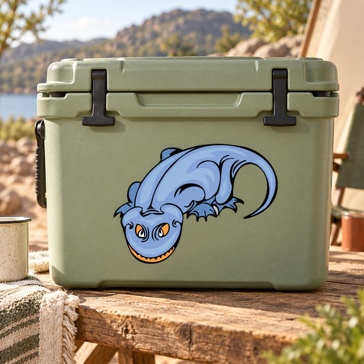 Blue salamander sticker with curled tail and detailed face on light background