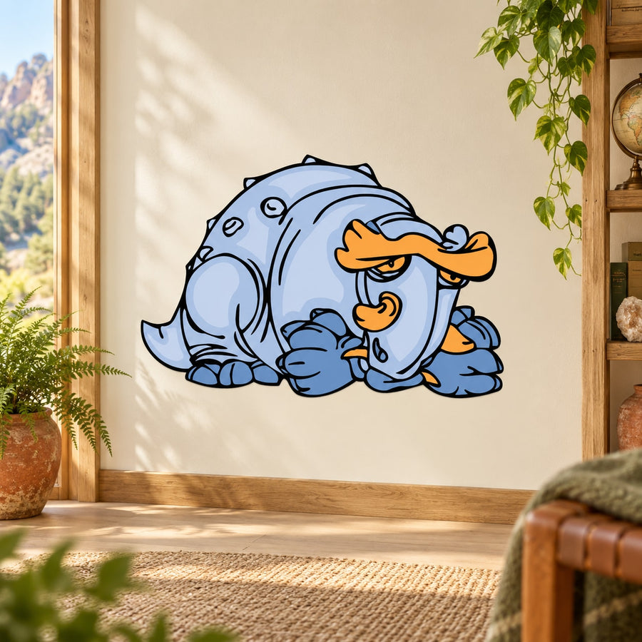 Armored blue dinosaur sticker with orange snout and wide grin