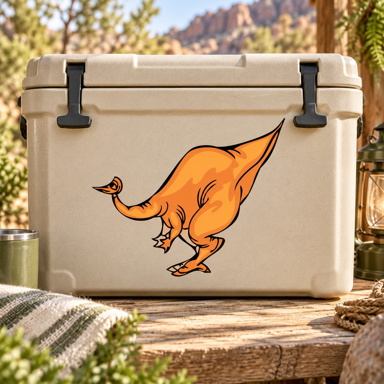 Orange cartoon dinosaur sticker on beige rectangular surface with black corner accents