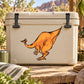 Orange cartoon dinosaur sticker on beige rectangular surface with black corner accents