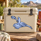 Blue slithering dinosaur sticker with curled tail and open mouth
