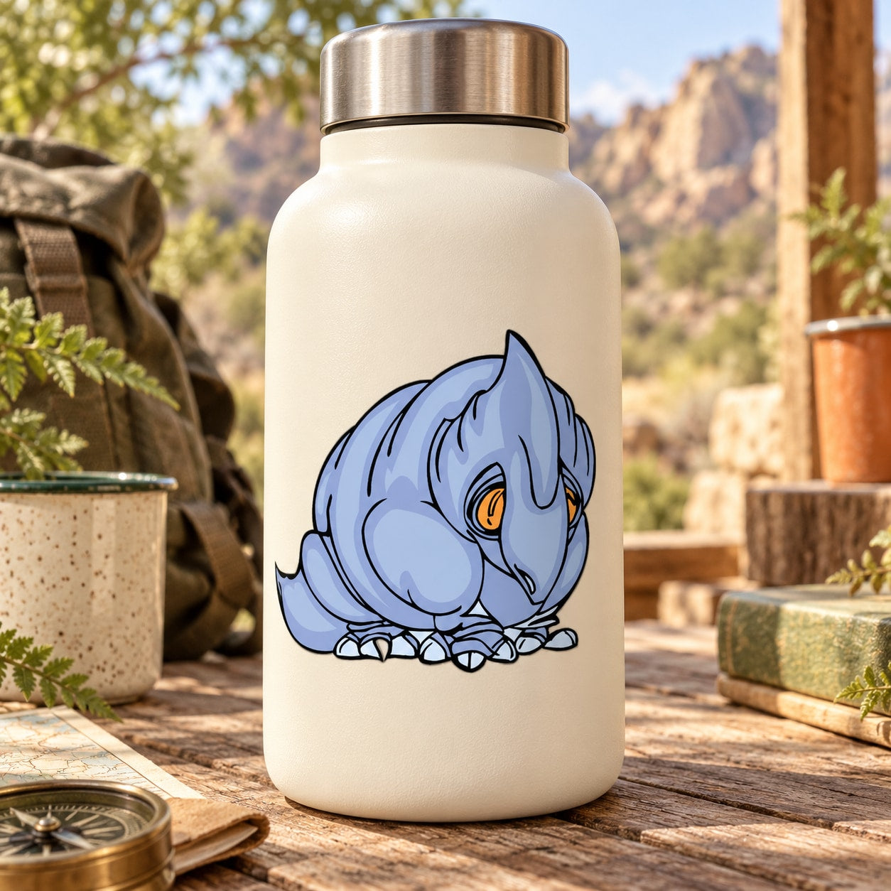 White water bottle with blue dinosaur sticker