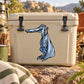 Beige cooler with blue tired pterodactyl sticker graphic