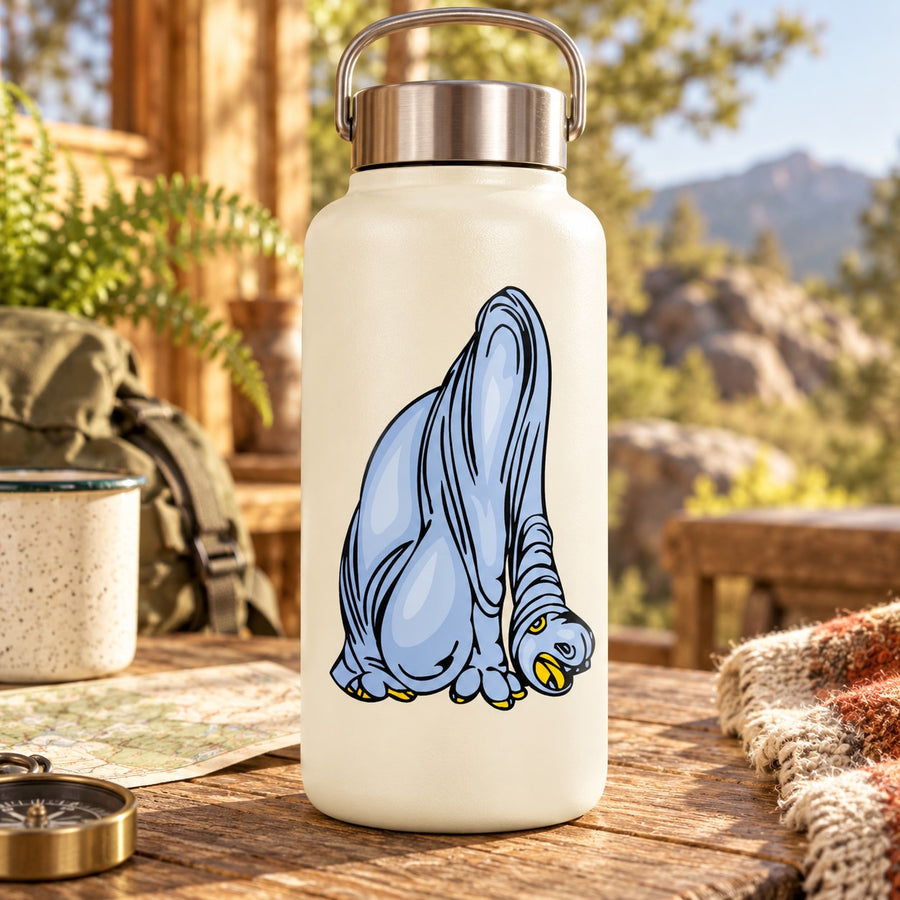 Light cream water bottle with blue diplodocus dinosaur artwork