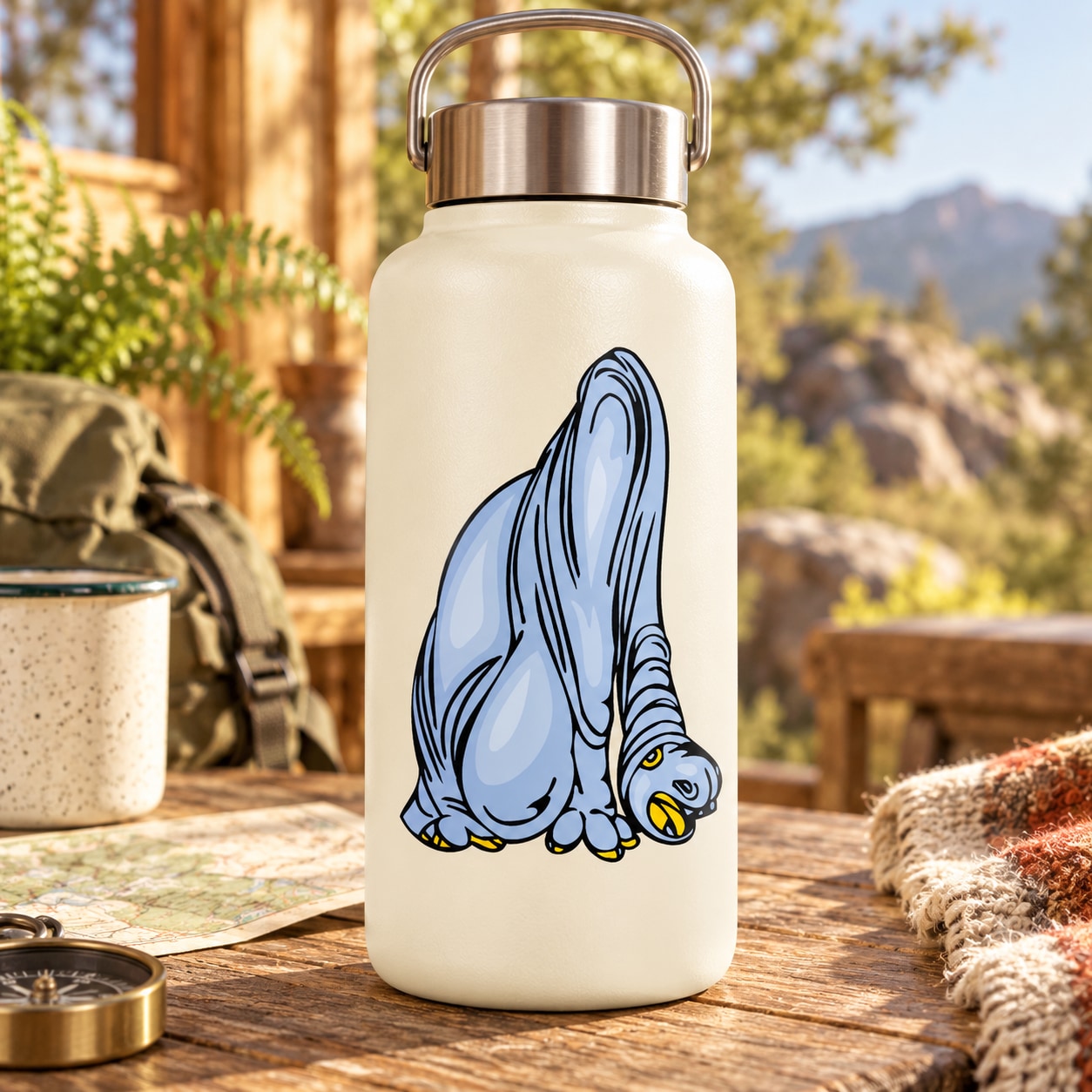 Light cream water bottle with blue diplodocus dinosaur artwork