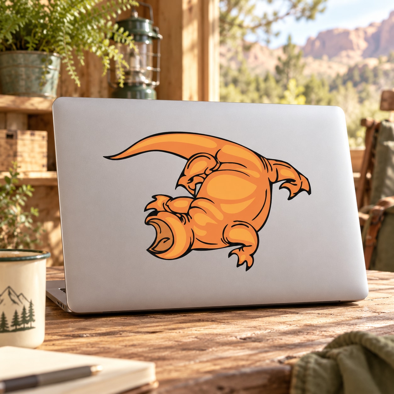 Orange chomping dinosaur sticker with open mouth and teeth