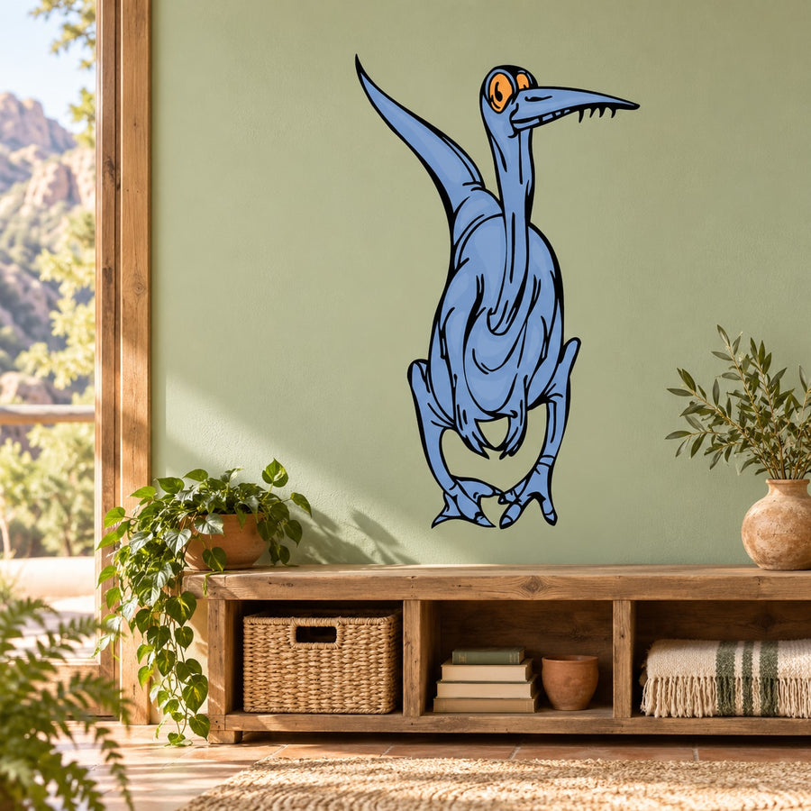 Blue cartoon dinosaur sticker with long neck, open beak, and awkward pose