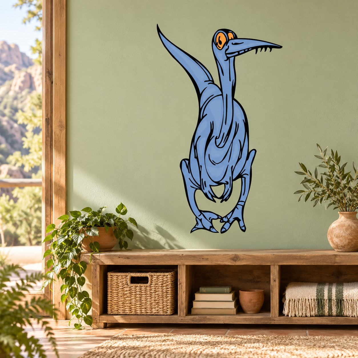 Blue cartoon dinosaur sticker with long neck, open beak, and awkward pose