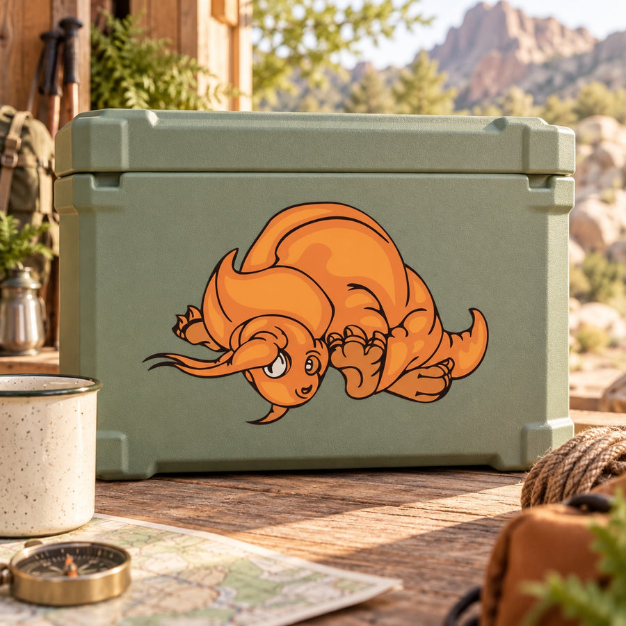 Charging triceratops cartoon sticker on green storage container