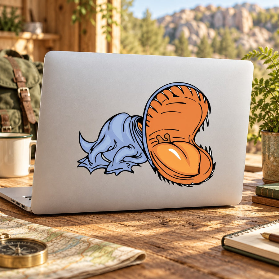 Cartoon dinosaur sticker with orange head and open mouth showing teeth