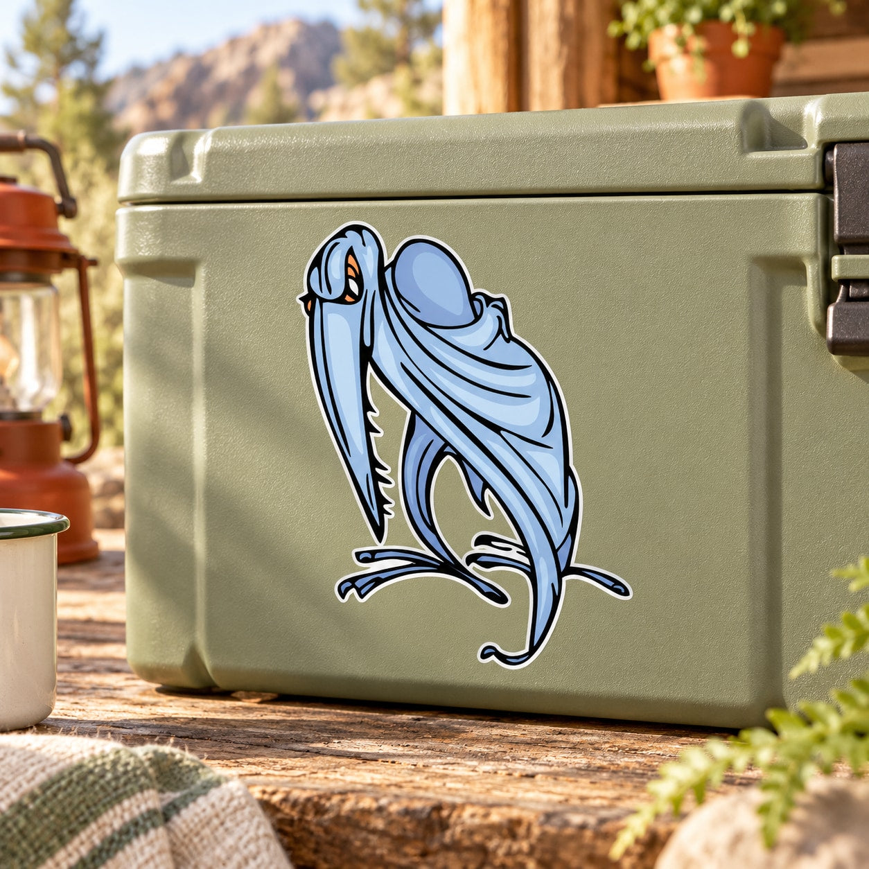 Blue cartoon pterosaur sticker on light green cooler