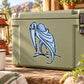 Blue cartoon pterosaur sticker on light green cooler